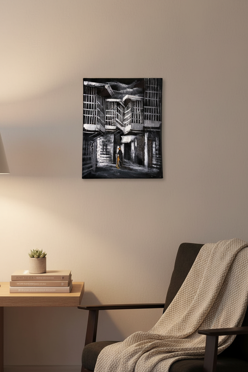 Noir silver mashrabiya alleyway night canvas art displayed in small cozy room lifestyle photo