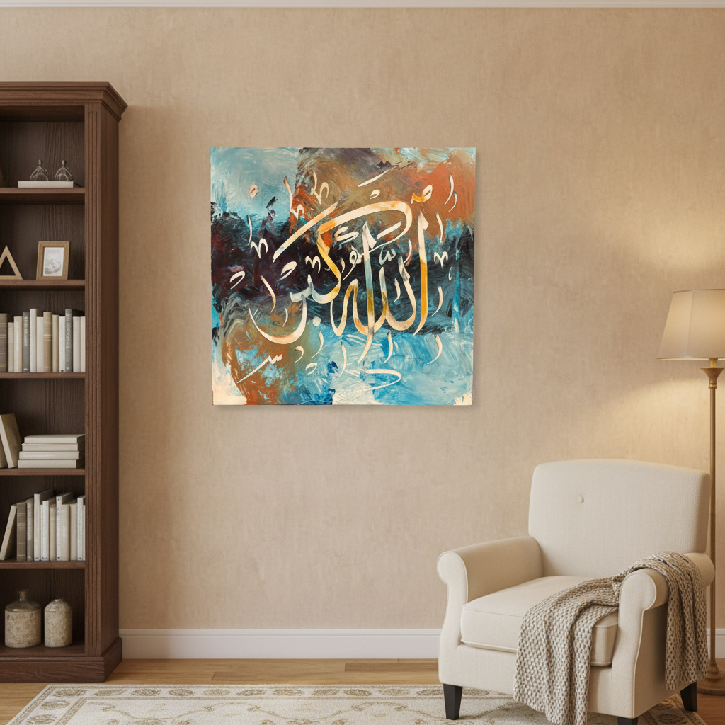 Allahu Akbar teal copper sky blue square canvas art displayed in a cozy living room corner, no frame