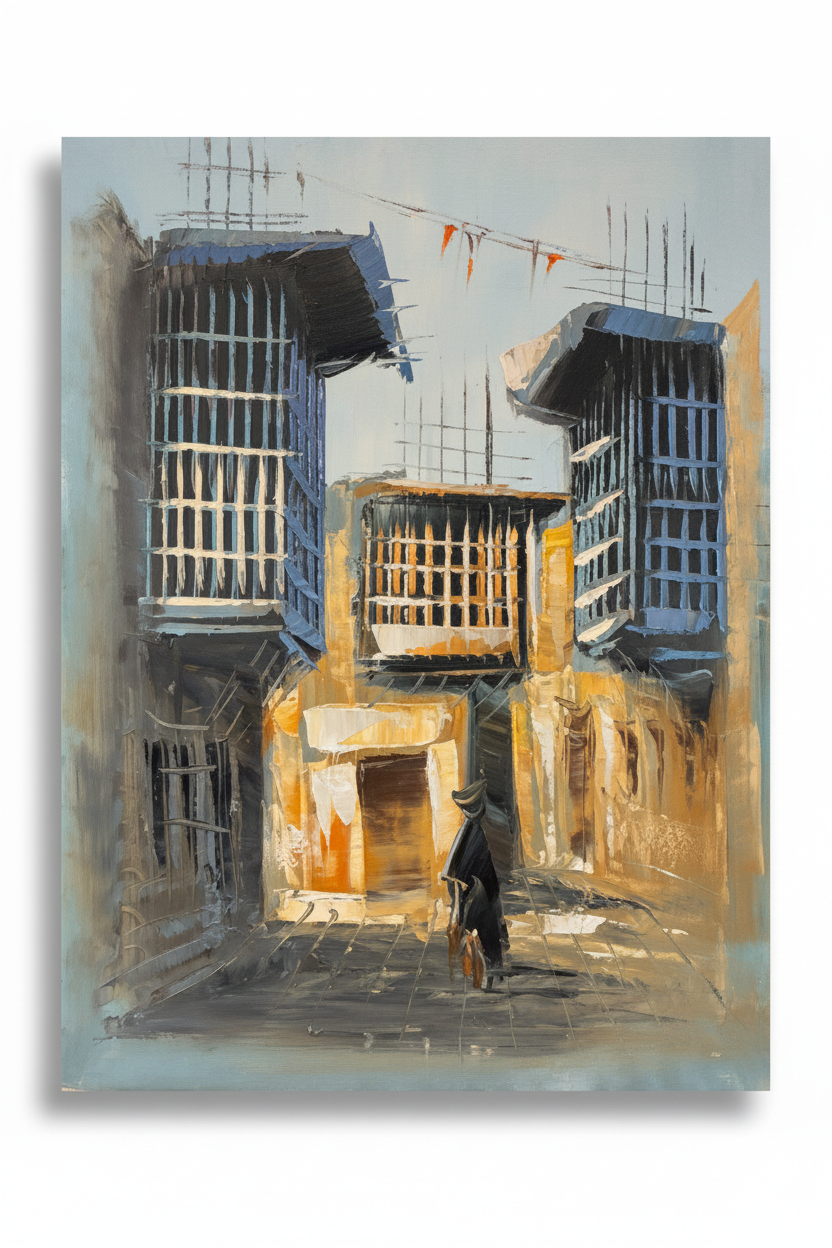 Old city alleyway oil painting isolated with shadow, no background