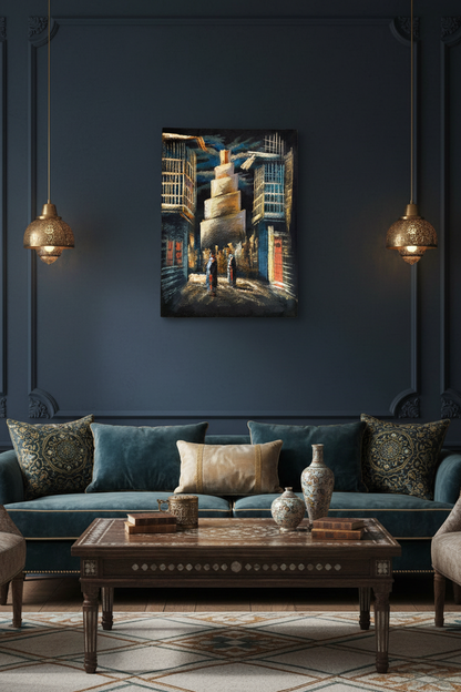 Arabian minaret alley night canvas art hung on deep navy teal wall in elegant Islamic inspired living room lifestyle photo