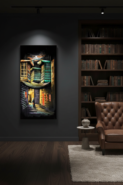 Original Iraqi shanasheel alleyway painting displayed unframed on a dark charcoal gallery study wall