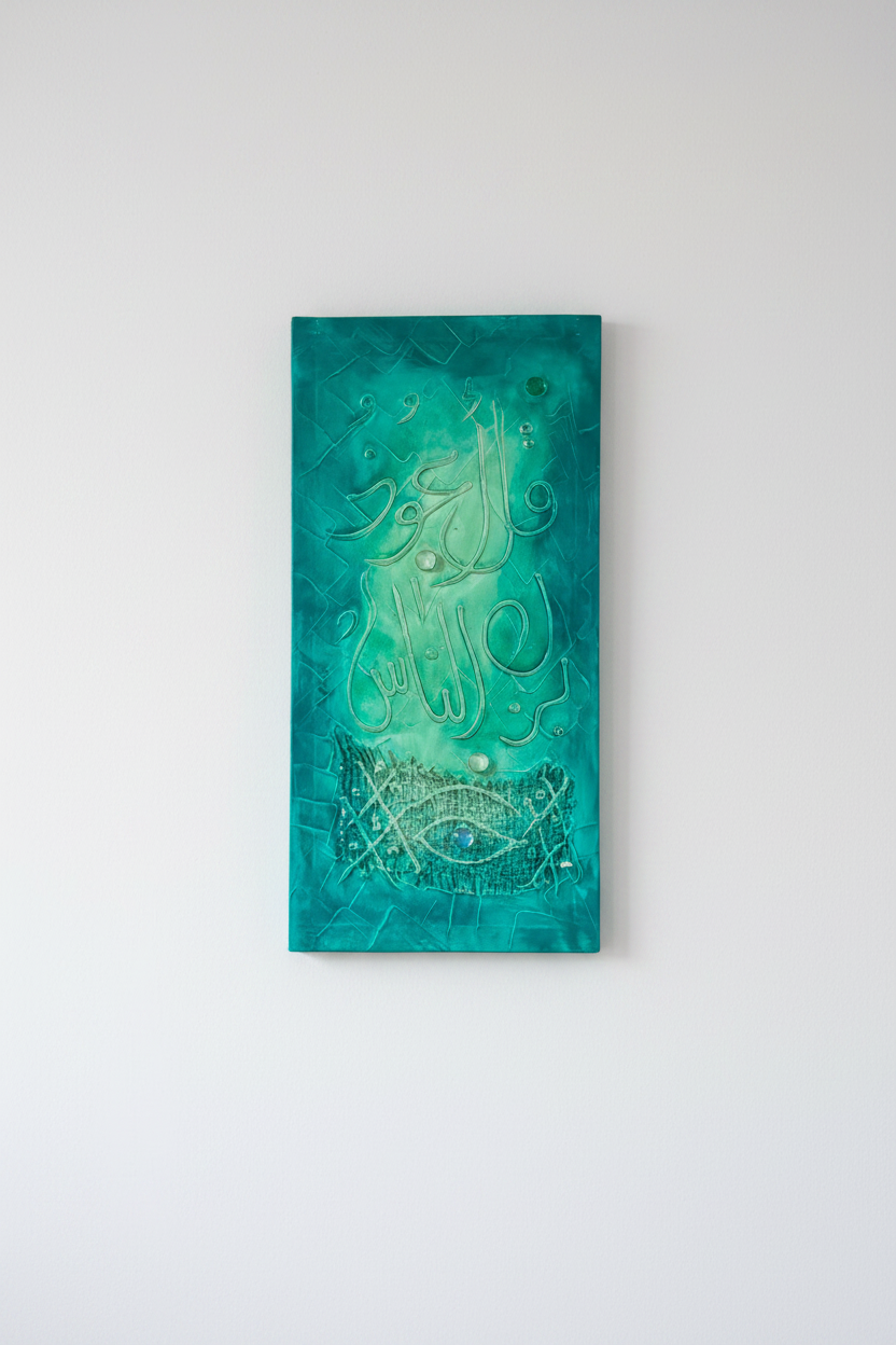 Islamic calligraphy teal green canvas on empty white wall