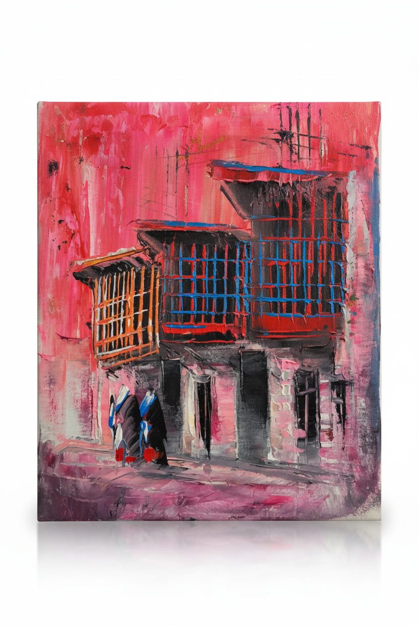 Pink shanasheel building impasto oil painting isolated on white background with soft drop shadow — no frame
