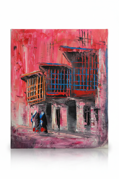 Pink shanasheel building impasto oil painting isolated on white background with soft drop shadow — no frame
