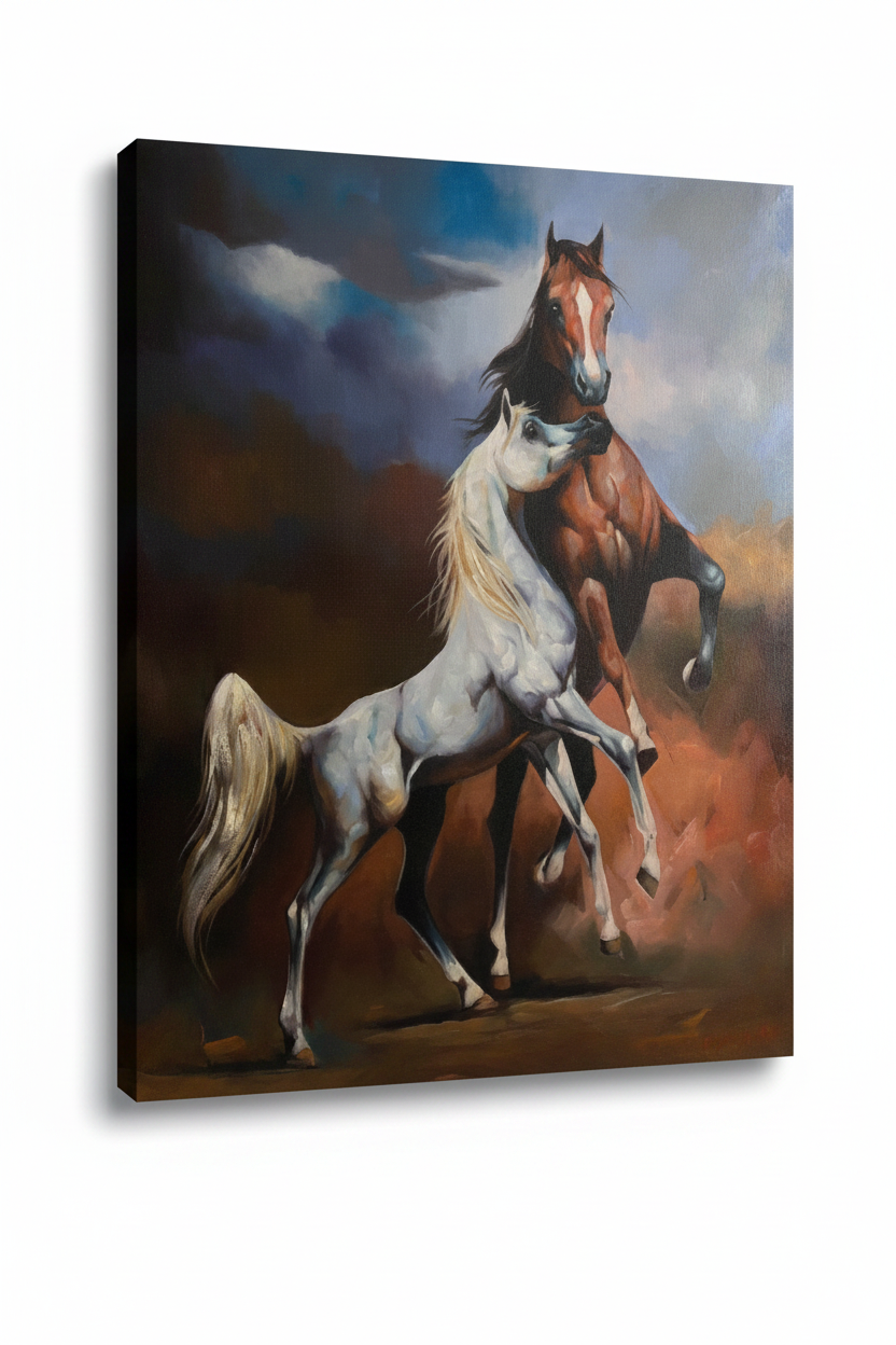 Two Arabian horses in storm canvas isolated on white background with soft drop shadow