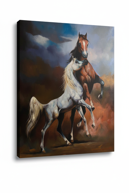 Two Arabian horses in storm canvas isolated on white background with soft drop shadow