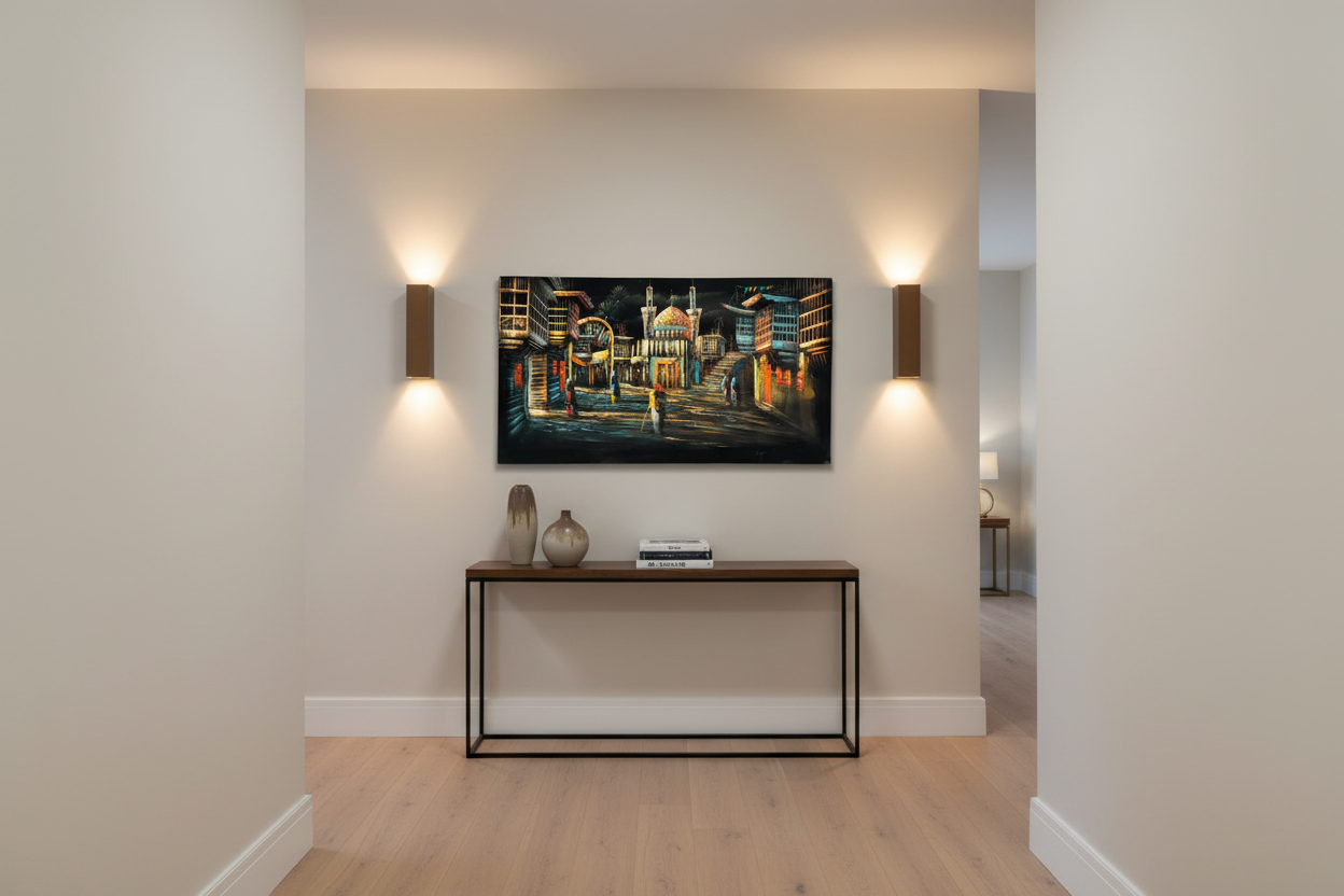 Iraqi Kadhimiya shrine bazaar night scene canvas wall art displayed in elegant hallway