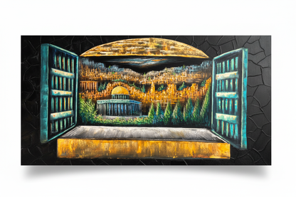 Window view of the Dome of the Rock Jerusalem canvas wall art on white background with shadow – 47x24 inches