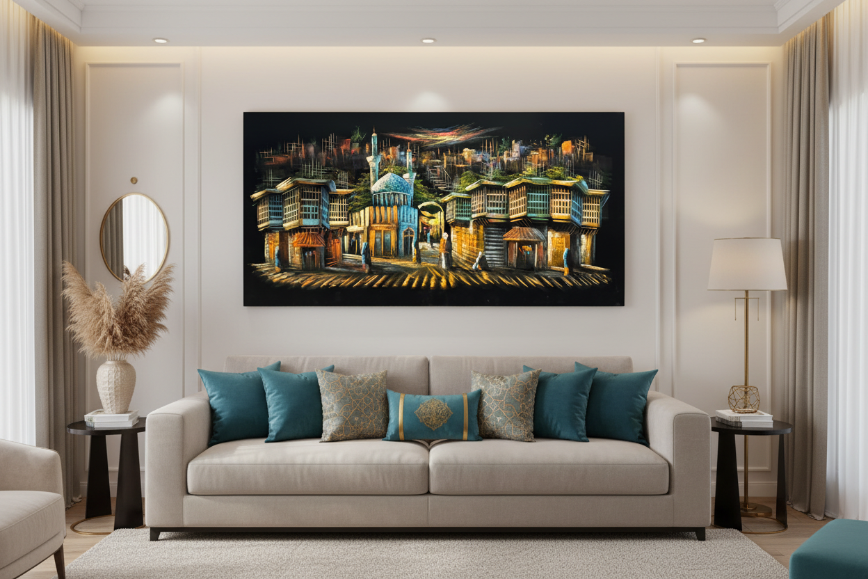 Iraqi old bazaar street scene canvas wall art displayed in modern living room above sofa