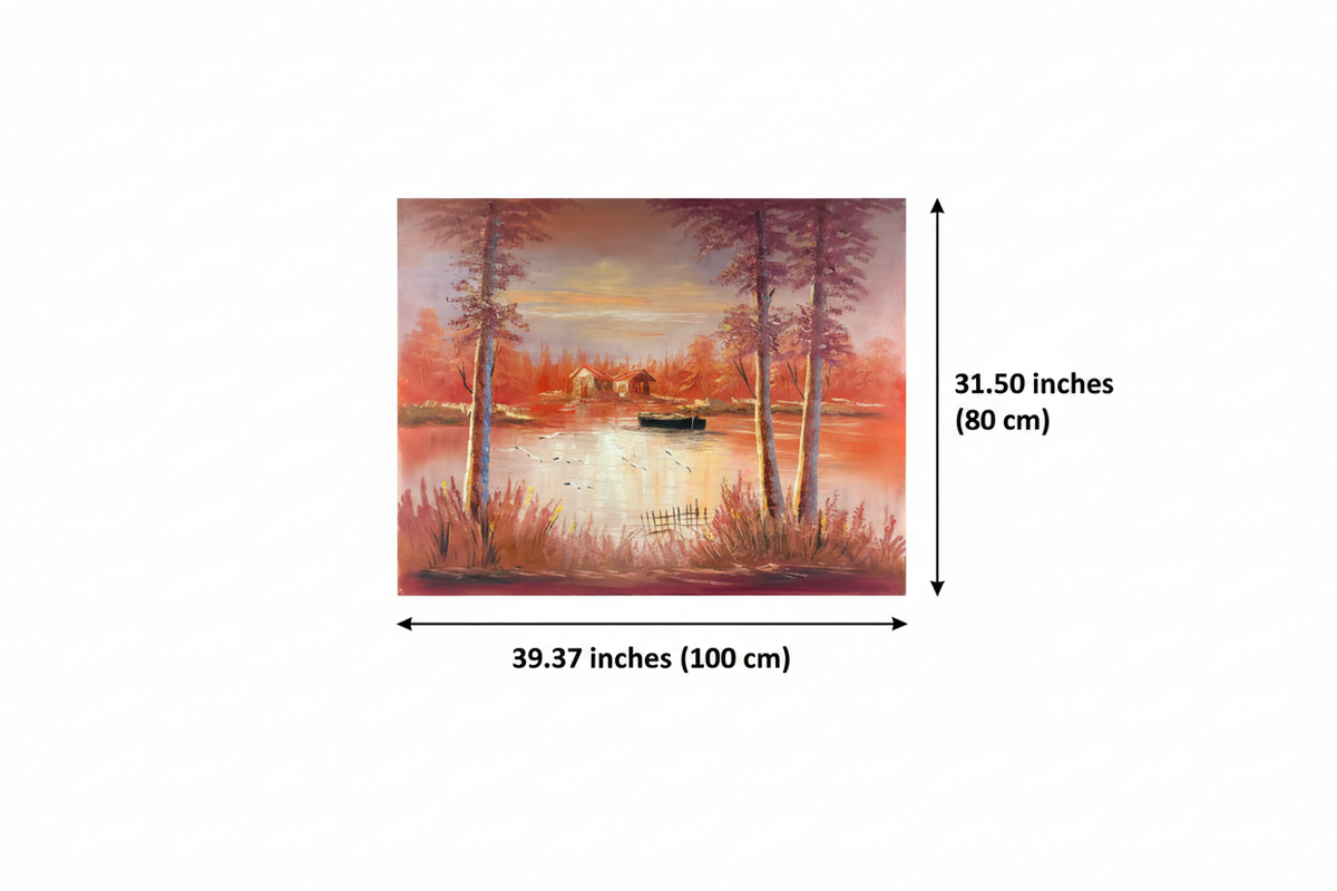 Dimension diagram showing 39.37 inches width and 31.50 inches height for the Crimson Autumn Lake original oil painting