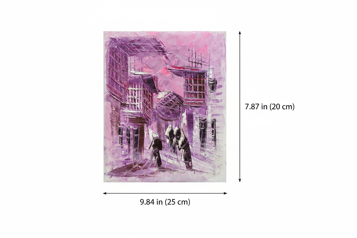 Dimension diagram showing 9.84 inch width and 7.87 inch height of the purple shanasheel oil painting canvas