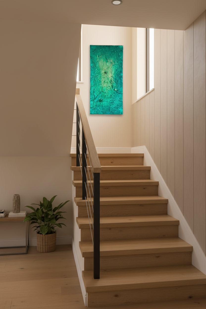 Islamic calligraphy emerald green canvas on staircase wall