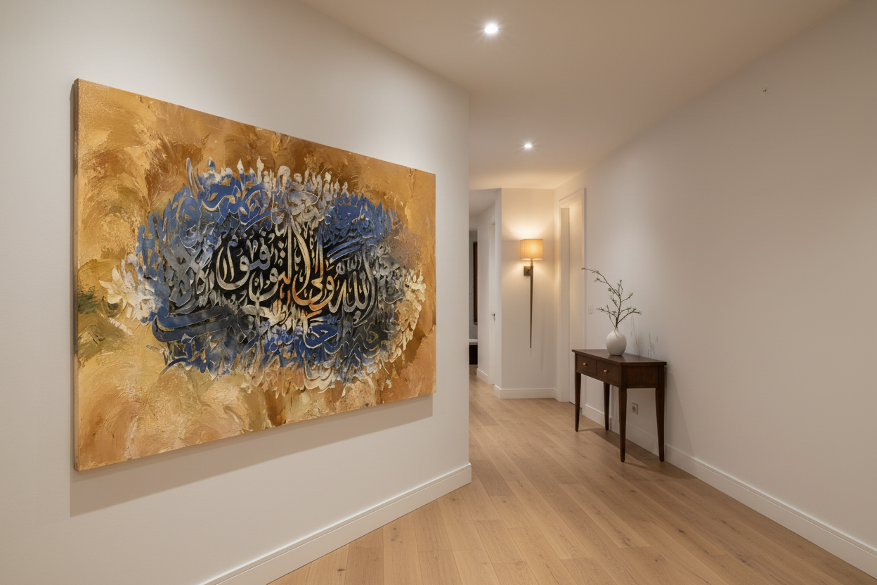 Allahu Waliyyul Mu'minin canvas displayed in an elegant hallway
