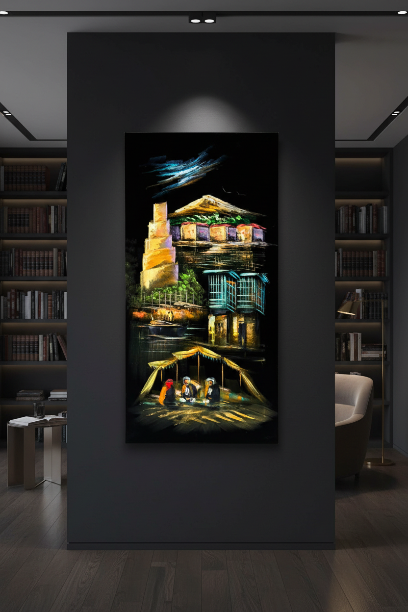 Original Malwiya minaret acrylic painting displayed unframed on a dark charcoal gallery study wall