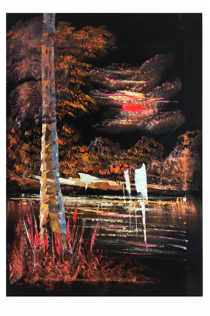 Crimson moonlit forest lake fine art canvas on white background product photo