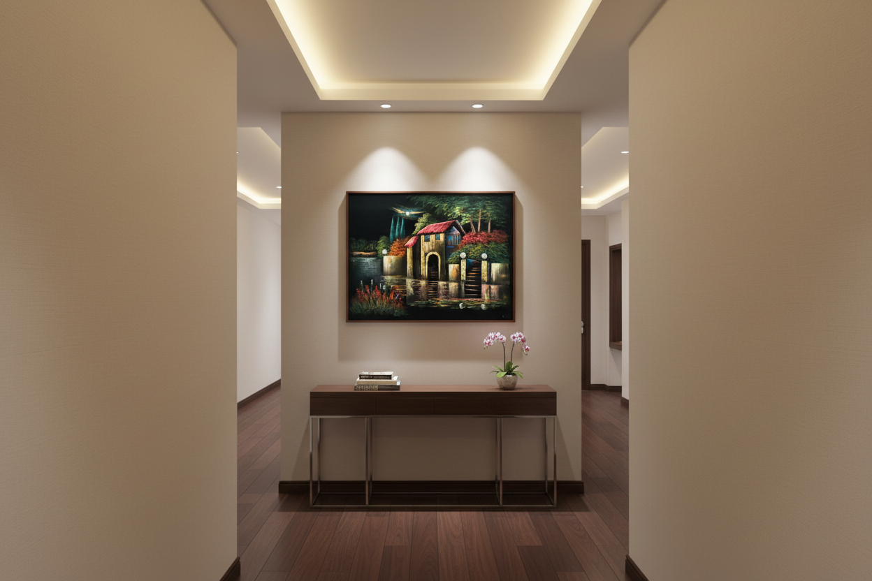 Moonlit Waterside Cottage oil painting displayed in an elegant hallway — 39.4 x 31.5 inch canvas wall art