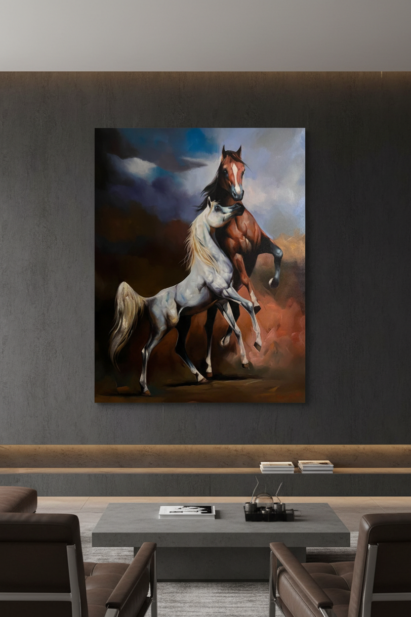 Two Arabian horses in storm large canvas art displayed in elegant living room lifestyle photo