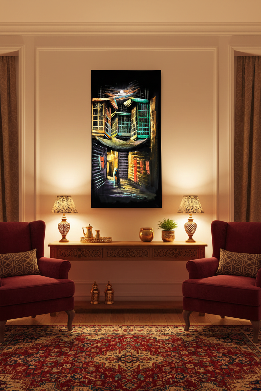 Original Iraqi shanasheel alleyway painting displayed unframed on an ivory wall in a Middle Eastern-inspired living room