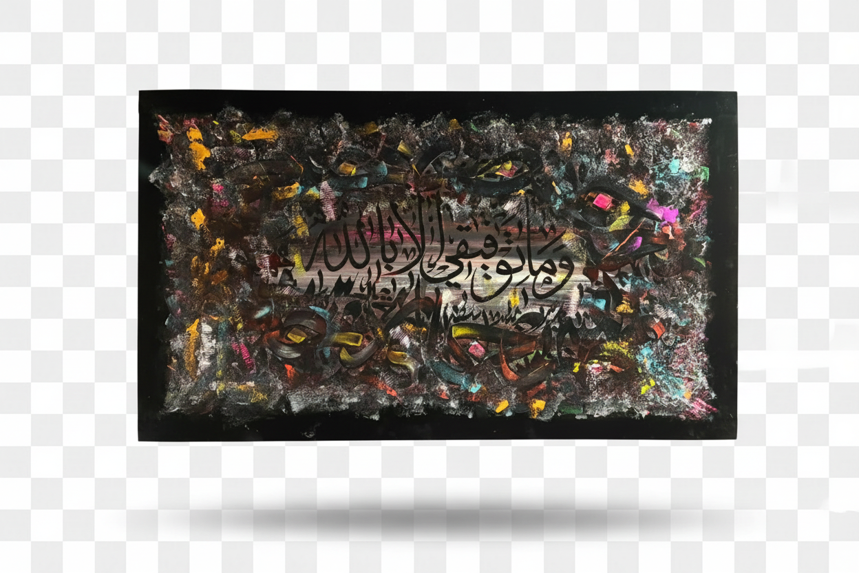 Wa Ma Tawfiqi Illa Billah abstract calligraphy canvas isolated with drop shadow, no background
