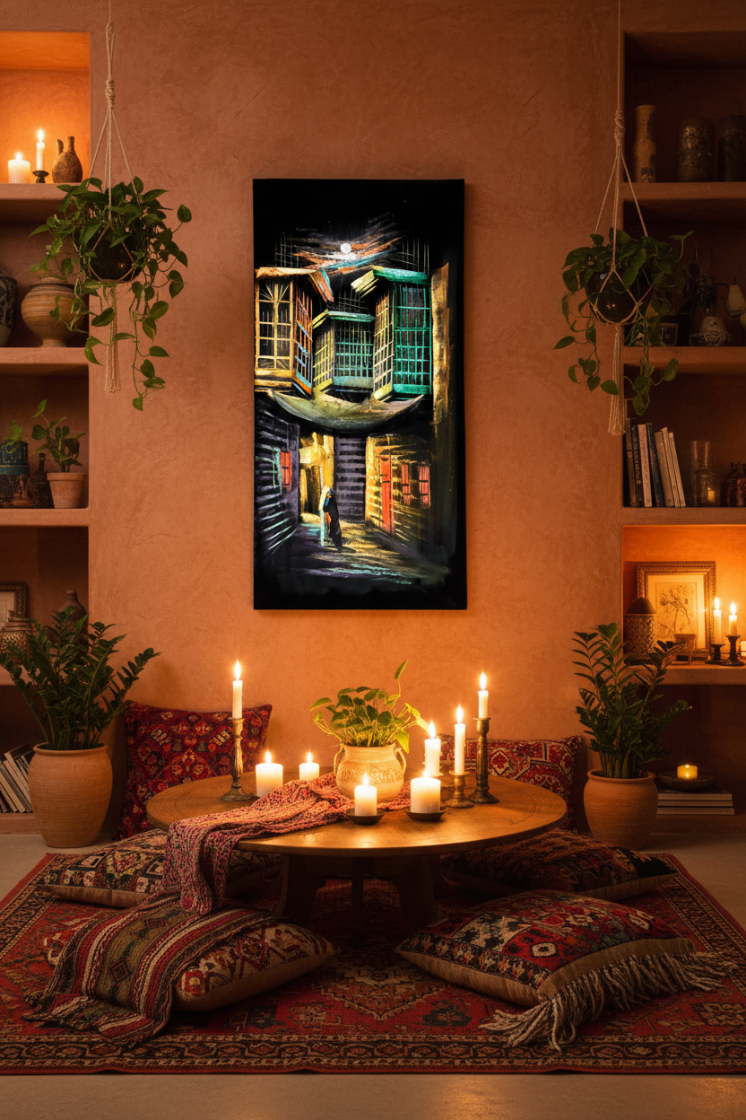 Original Iraqi shanasheel alleyway painting displayed unframed on a terracotta bohemian dining room wall