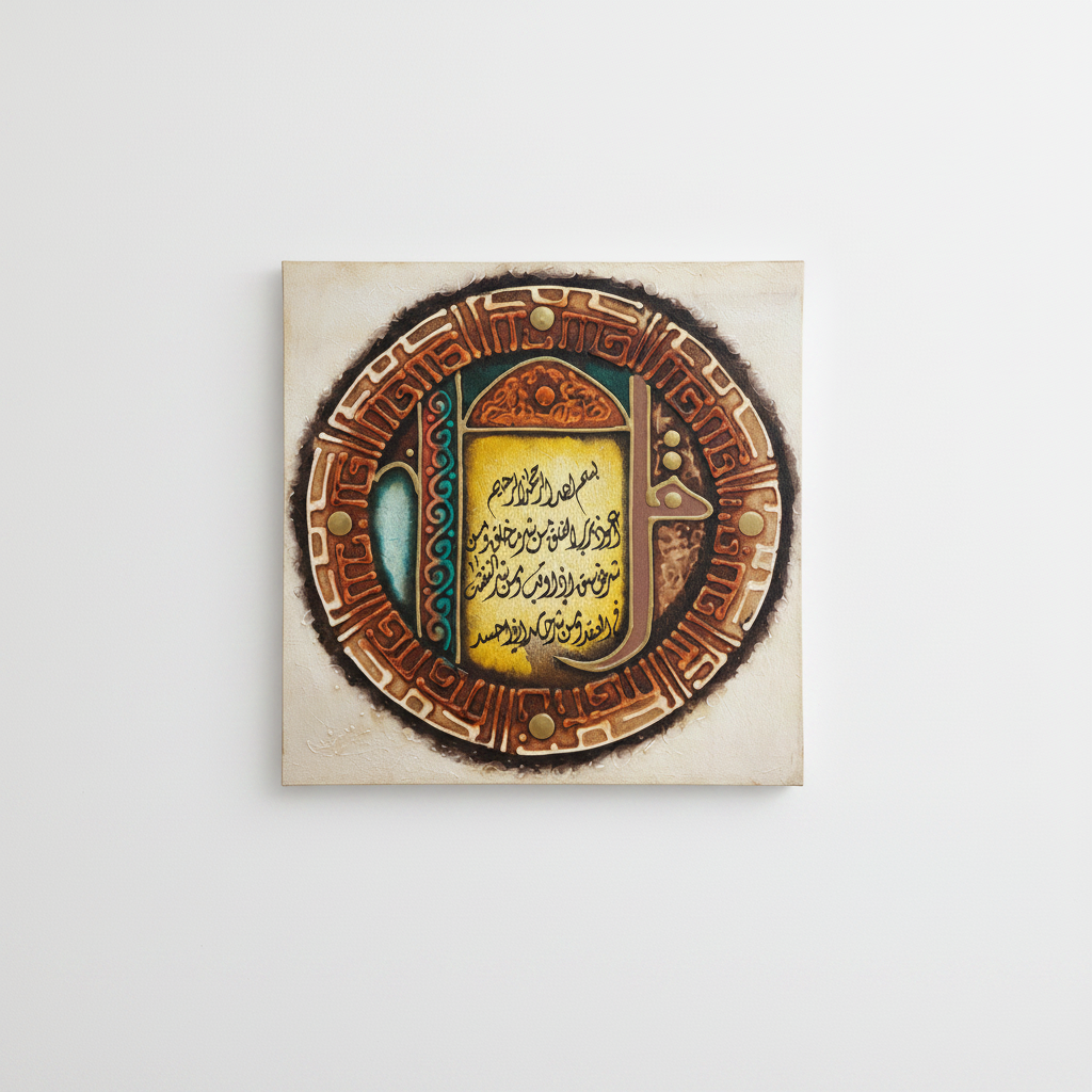 Surah Al-Falaq circular mandala canvas hung on empty white wall