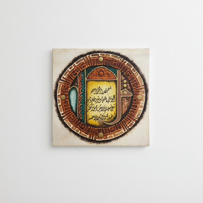 Surah Al-Falaq circular mandala canvas hung on empty white wall