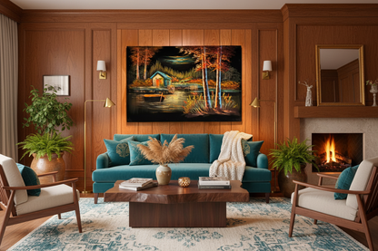 Teal boathouse canvas art in cozy bedroom or sitting area — lifestyle interior mockup