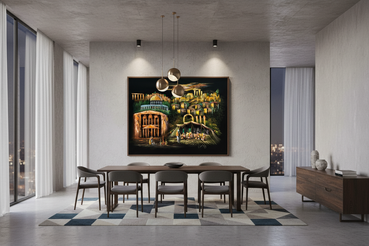 Jerusalem Heritage Night oil painting displayed in a spacious open-plan dining area — 39.4 x 31.5 inch canvas wall art