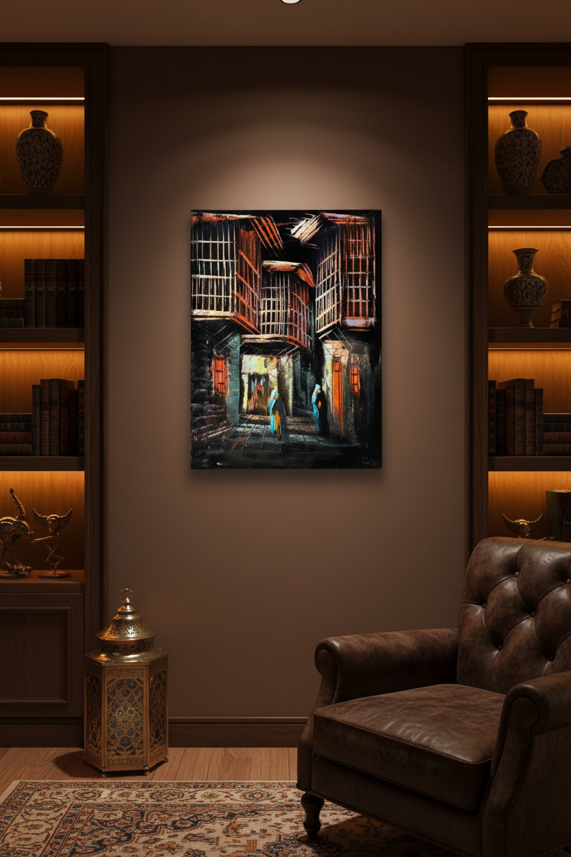 Two Figures in the Old Quarter oil painting on deep espresso brown wall in Middle Eastern inspired study — no frame, warm moody lifestyle art photography