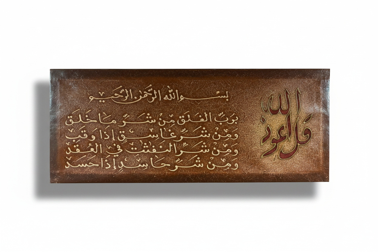 Surah Al-Falaq Quran calligraphy canvas wall art on white background with drop shadow, no frame, 31.50 x 15.75 inches