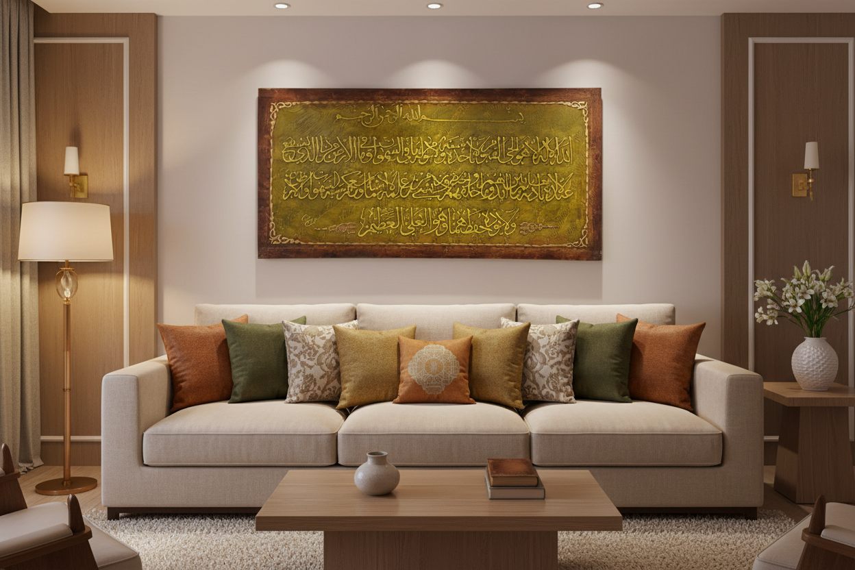 Ayat Al-Kursi Islamic calligraphy canvas displayed in a modern living room above sofa