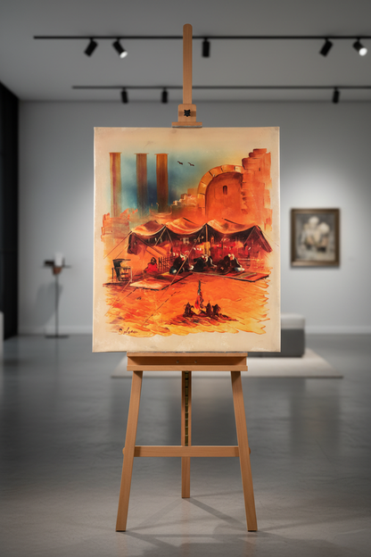 Desert encampment oil painting on wooden art easel stand, gallery setting, no frame, correct portrait proportions