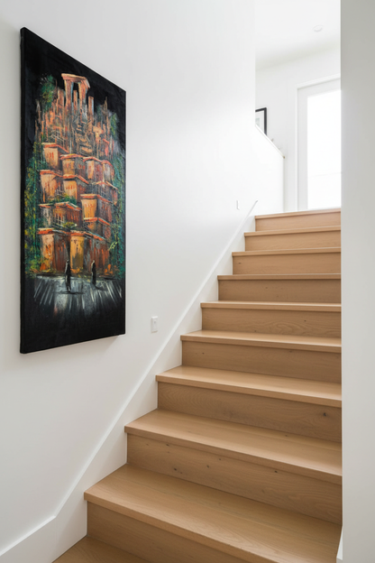 Ancient terraced city painting displayed on staircase wall in luxury home interior
