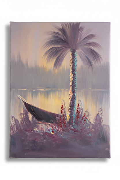 Tropical palm tree and boat oil painting isolated with shadow, no background