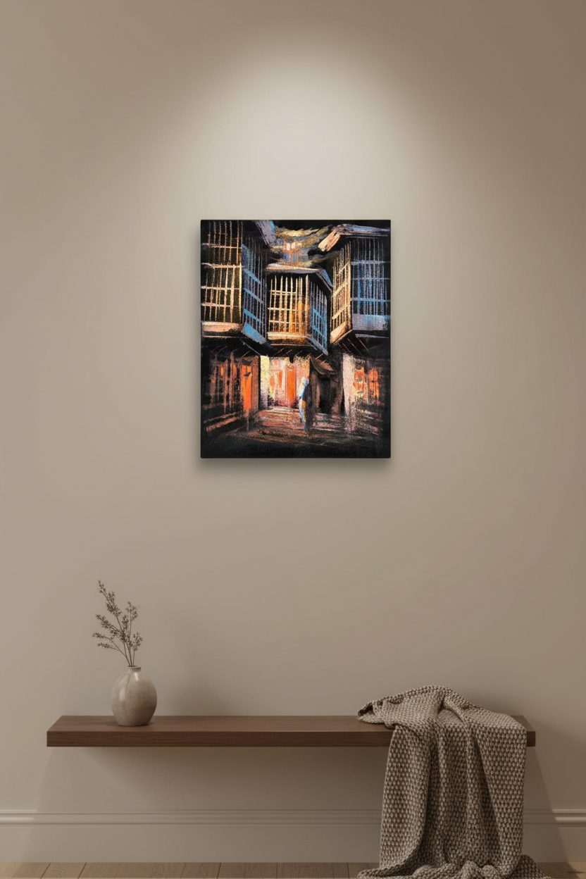 Illuminated old city alleyway night canvas art displayed in small cozy room lifestyle photo
