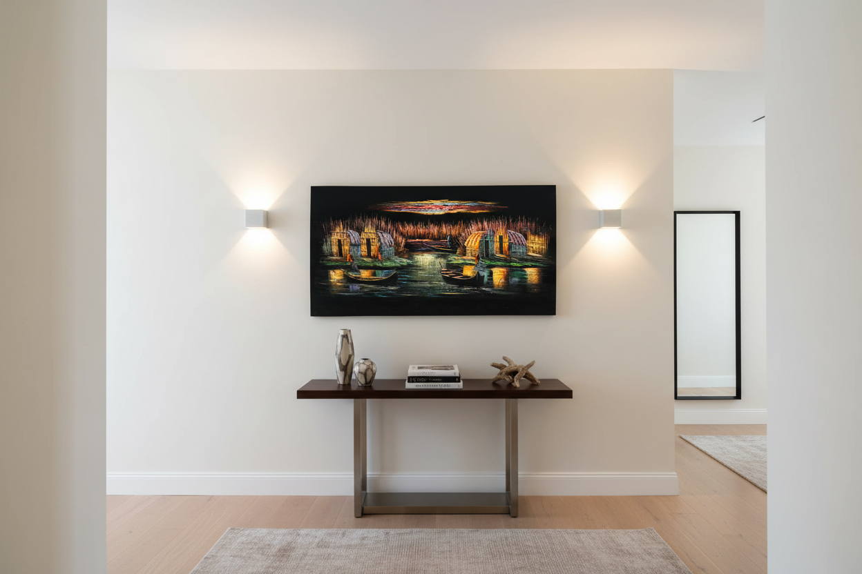 Iraqi marshland fishing village scene canvas wall art displayed in elegant hallway