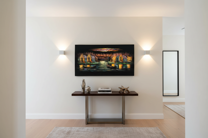Iraqi marshland fishing village scene canvas wall art displayed in elegant hallway