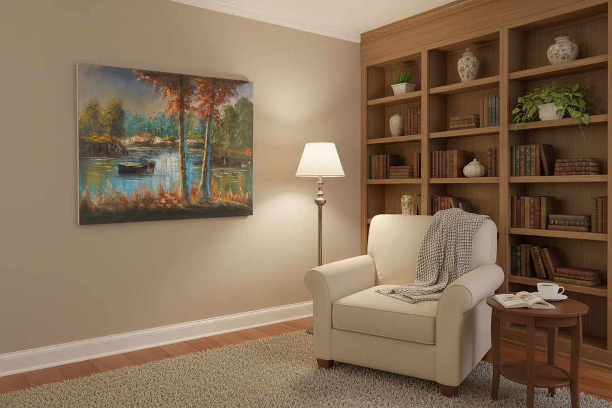 Original autumn woodland oil painting displayed in a cozy sitting and reading room — frameless wall art