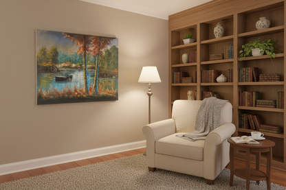 Original autumn woodland oil painting displayed in a cozy sitting and reading room — frameless wall art