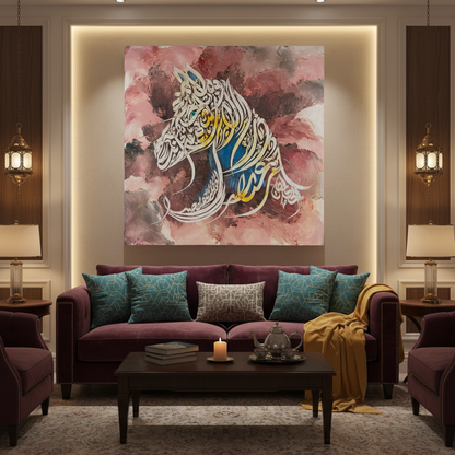 Frameless square Arabic calligraphy canvas art displayed in sophisticated dining area