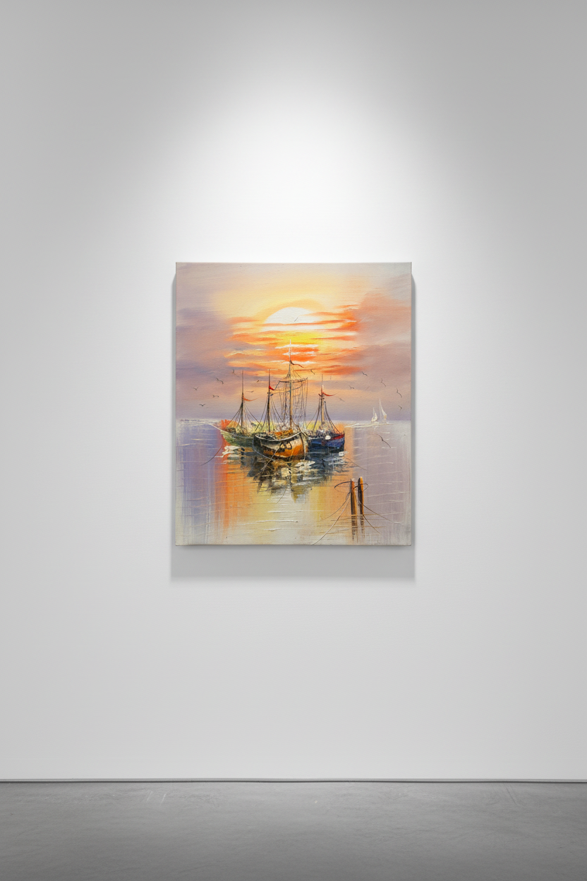 Sailing boats sunset oil painting hung on clean empty white gallery wall, no frame, soft spotlight shadow