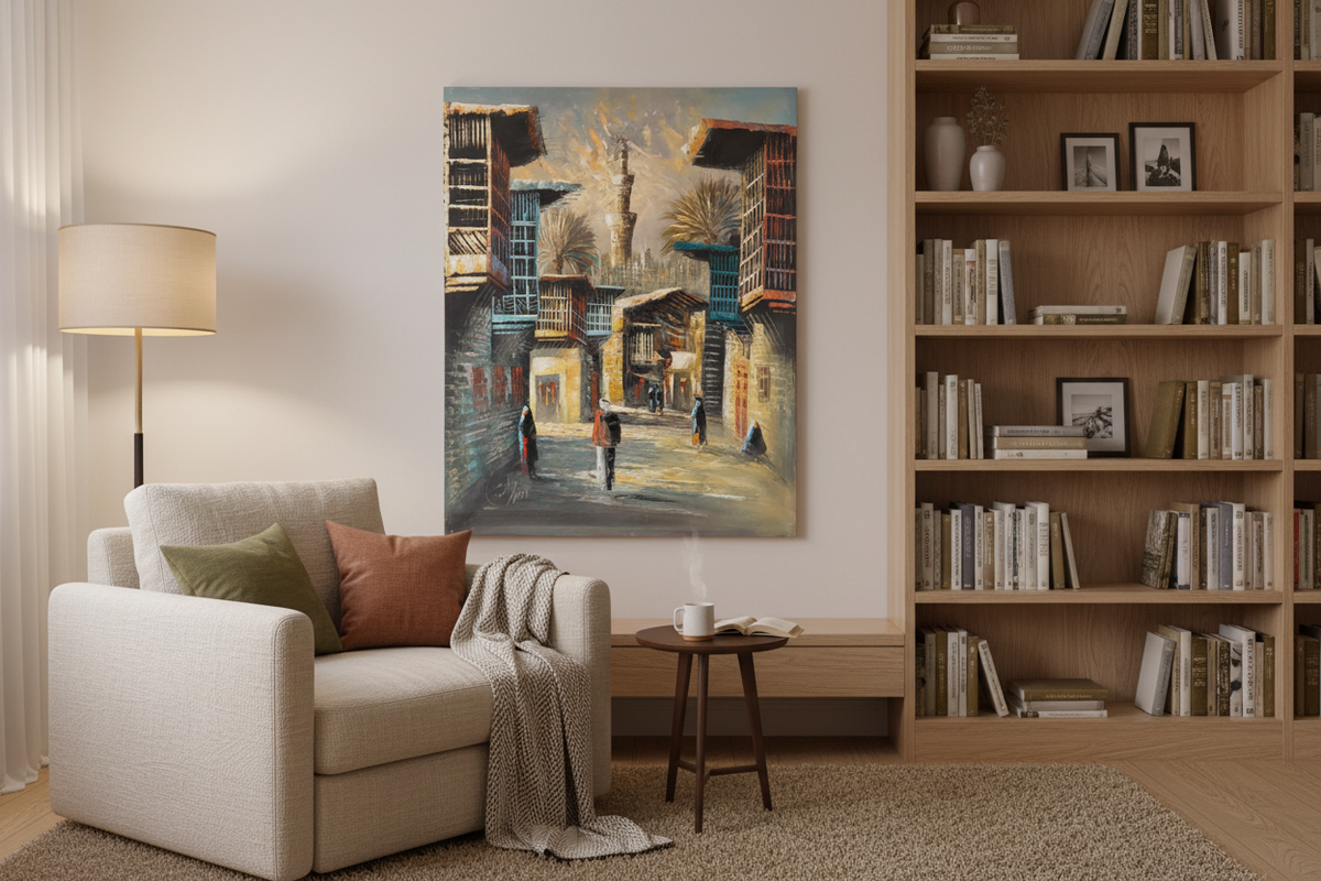 Original Middle Eastern oil painting displayed in a cozy sitting and reading room — frameless wall art