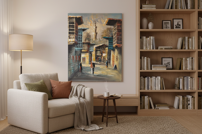 Original Middle Eastern oil painting displayed in a cozy sitting and reading room — frameless wall art