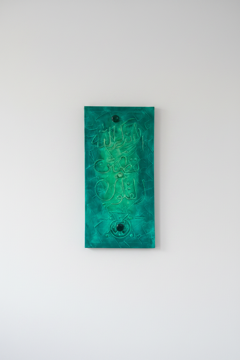 Islamic calligraphy emerald green canvas on empty white wall