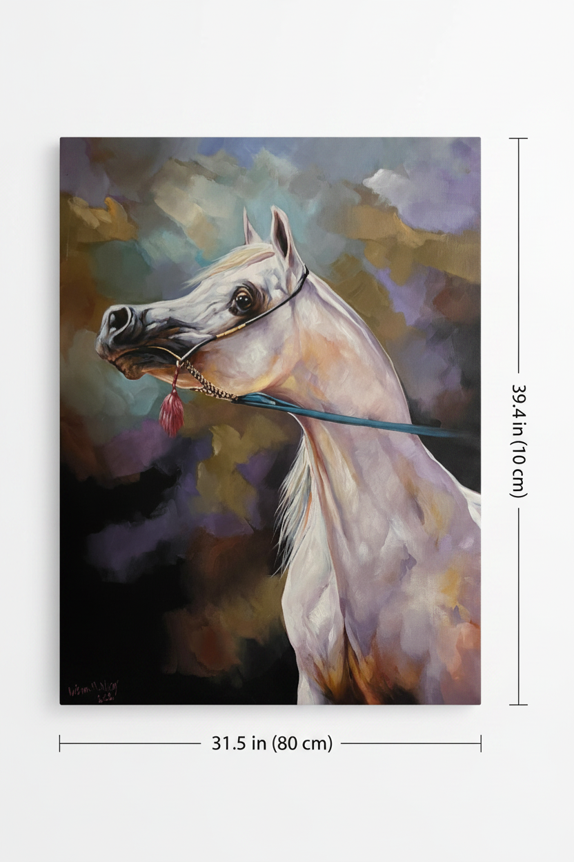 Grey Arabian horse gold halter canvas art with dimensions 31.5 inches wide x 39.4 inches tall 80cm x 100cm