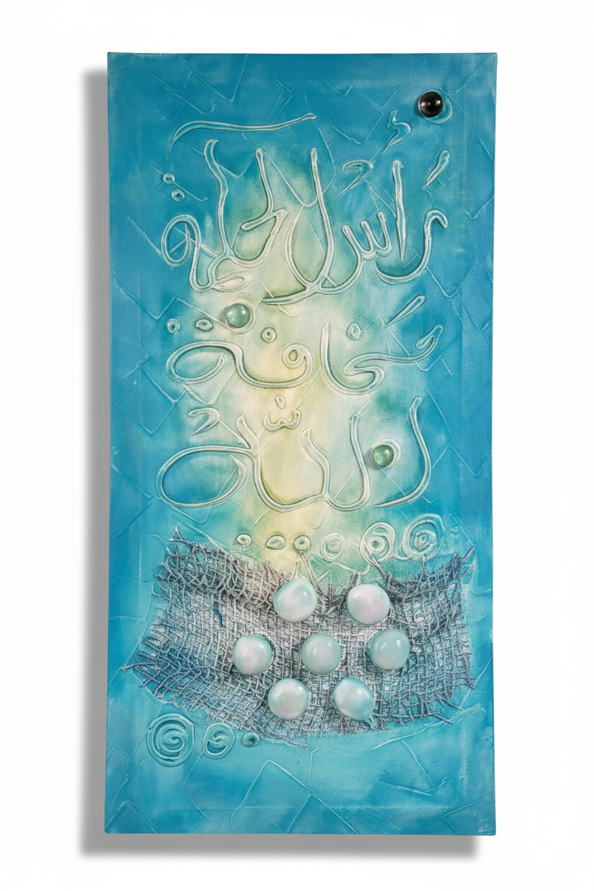 Islamic calligraphy teal aqua silver canvas on white background with shadow