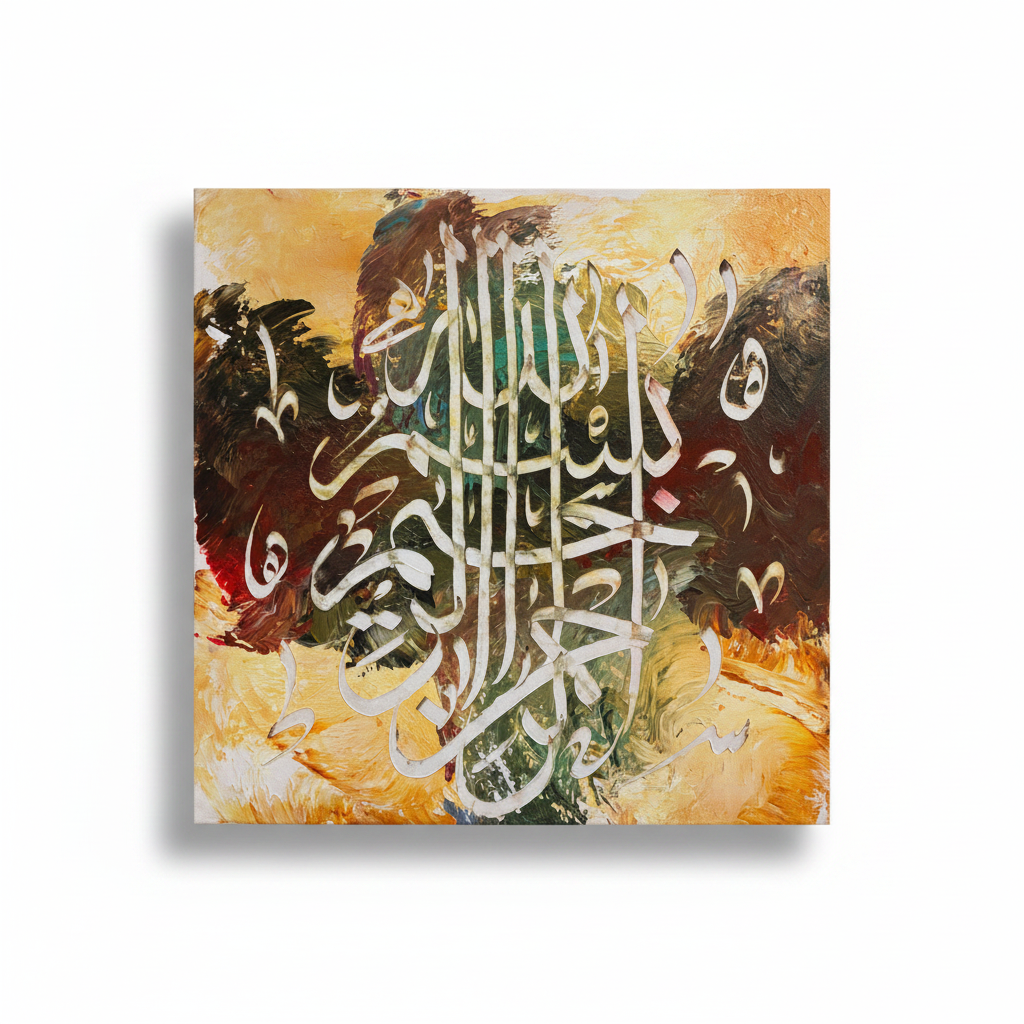 Bismillah white calligraphy forest green amber square canvas art on white background with shadow, no frame, product shot