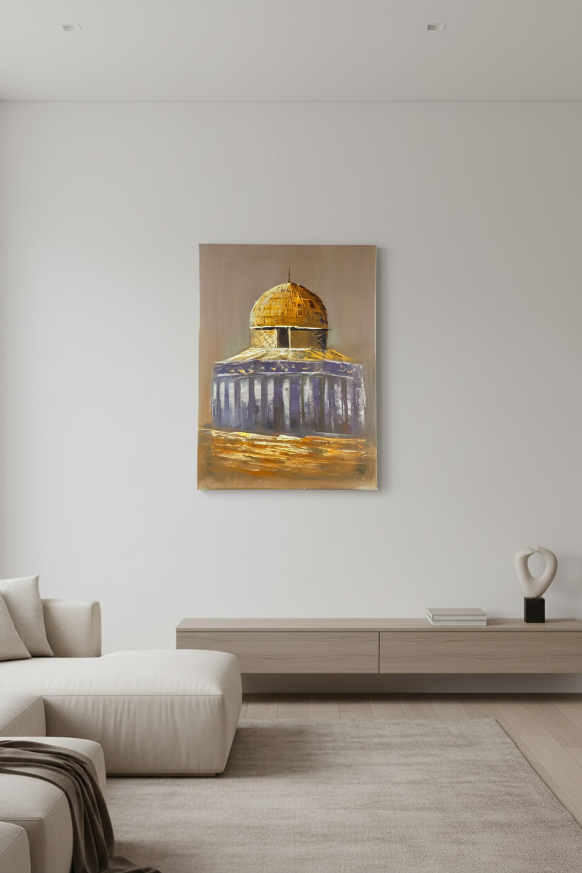 Dome of the Rock painting hung on empty white wall in minimalist living room