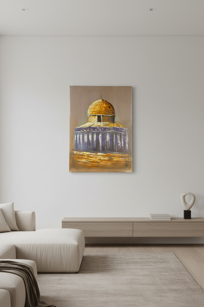 Dome of the Rock painting hung on empty white wall in minimalist living room