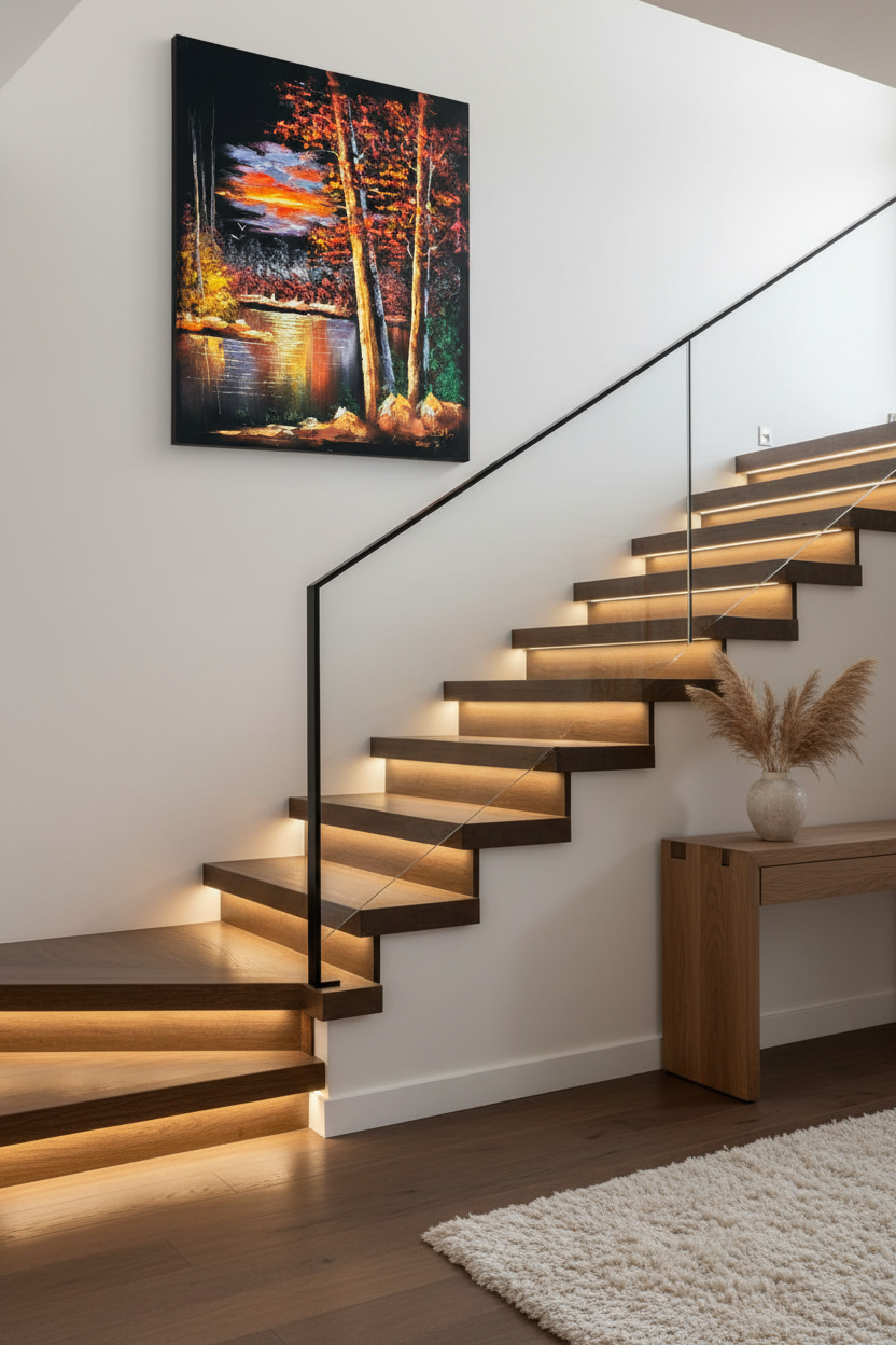 Fiery autumn sunset lakeside canvas art staged on a modern home stairway wall